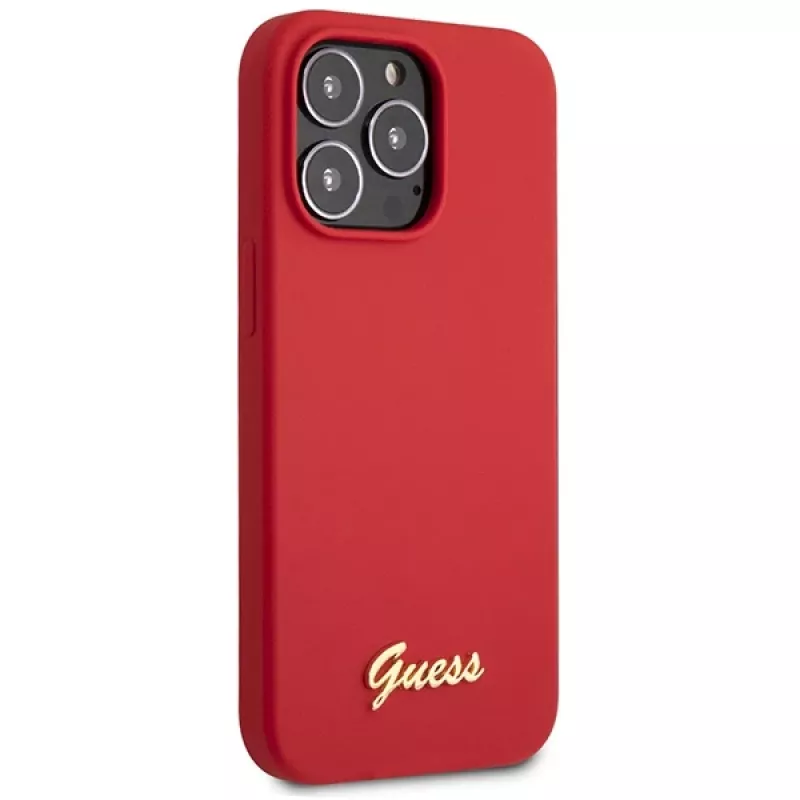 Guess GUHCP13XLSLMGRE funda rígida de silicona burdeos con logo Vintage Gold para iPhone 13 Pro Max 6,7
