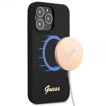 Guess GUHMP13XLSLMGBK funda rígida de silicona para Apple iPhone 13 Pro Max 6,7 inch negra con logo de letras doradas MagSafe