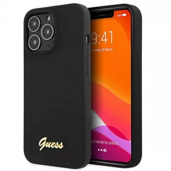 Guess GUHMP13XLSLMGBK funda rígida de silicona para Apple iPhone 13 Pro Max 6,7 inch negra con logo de letras doradas MagSafe