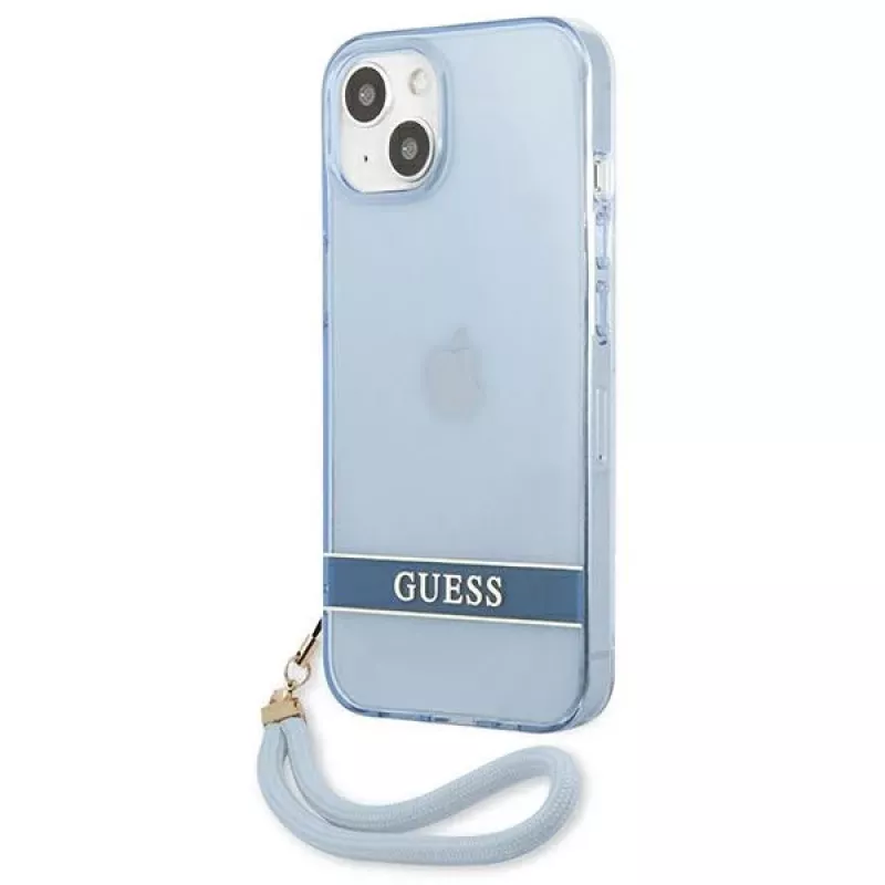 Guess GUHCP13SHTSGSB funda rígida translúcida azul con correa para iPhone 13 mini 5,4
