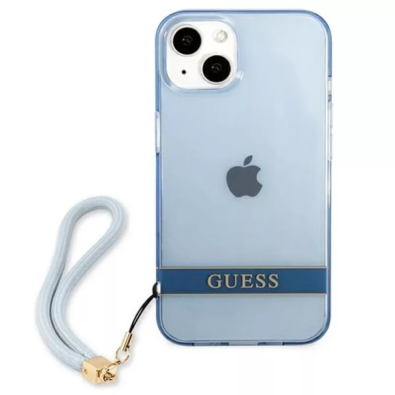 Guess GUHCP13SHTSGSB funda rígida translúcida azul con correa para iPhone 13 mini 5,4