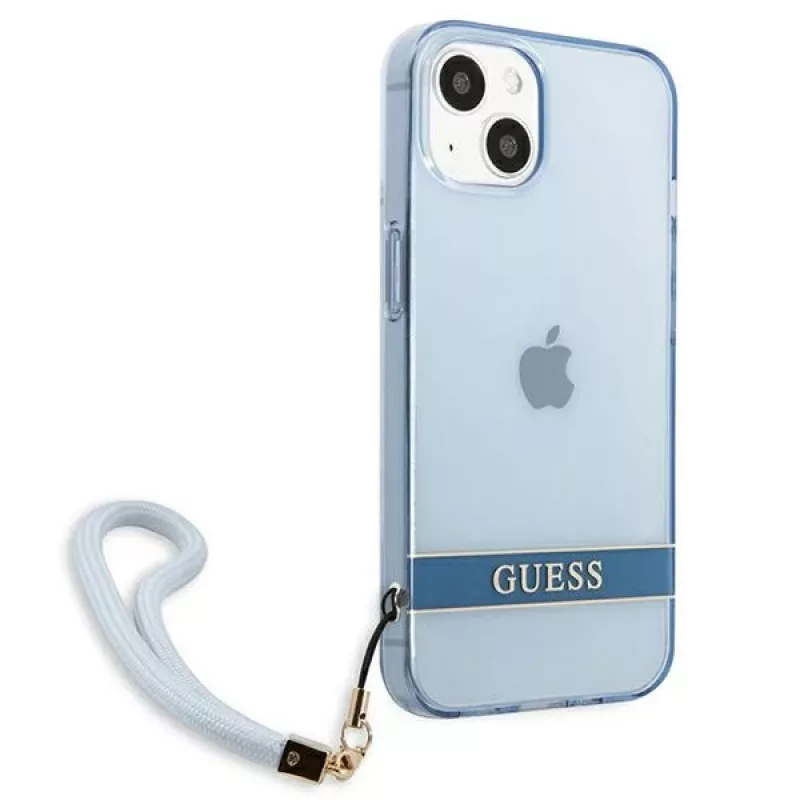 Guess GUHCP13SHTSGSB funda rígida translúcida azul con correa para iPhone 13 mini 5,4