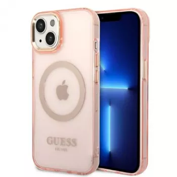 Guess Funda rígida translúcida MagSafe Gold Outline para iPhone 13/14/15 6,1 inch rosa