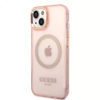 Guess Funda rígida translúcida MagSafe Gold Outline para iPhone 13/14/15 6,1 inch rosa