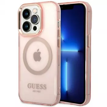 Guess Funda rígida translúcida MagSafe Gold Outline para iPhone 14 Pro Max 6,7 inch rosa