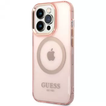 Guess Funda rígida translúcida MagSafe Gold Outline para iPhone 14 Pro Max 6,7 inch rosa