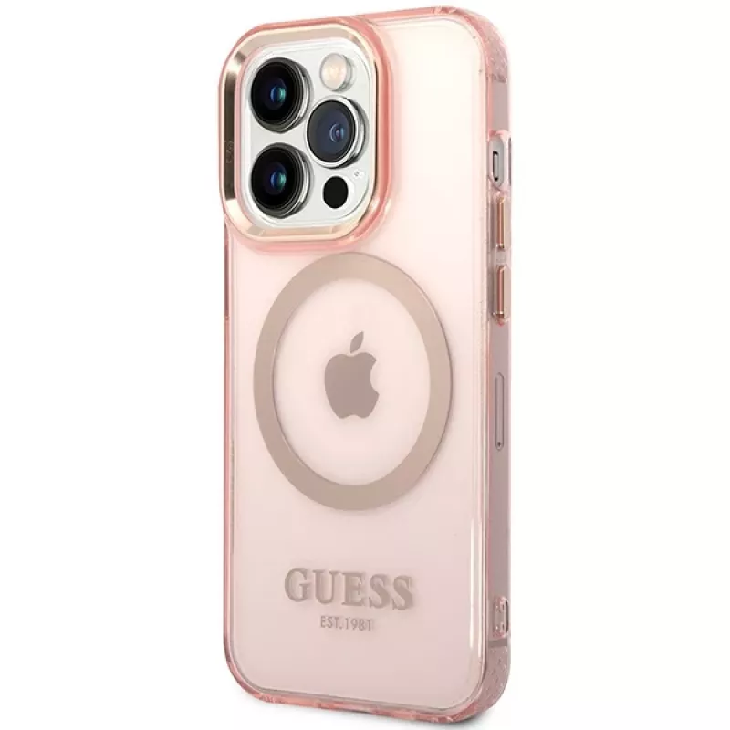 Guess Funda rígida translúcida MagSafe Gold Outline para iPhone 14 Pro Max 6,7