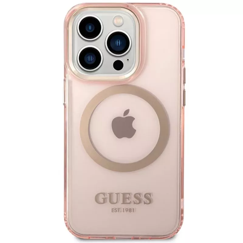 Guess Funda rígida translúcida MagSafe Gold Outline para iPhone 14 Pro Max 6,7