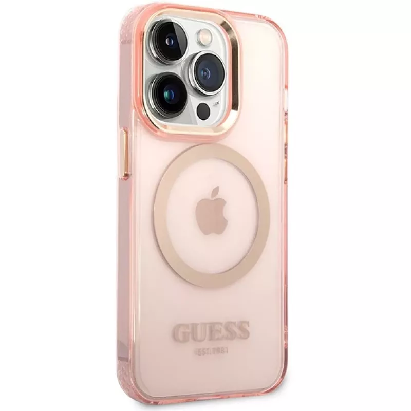Guess Funda rígida translúcida MagSafe Gold Outline para iPhone 14 Pro Max 6,7