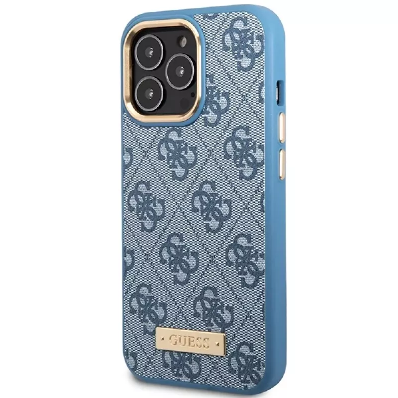 Guess GUHMP14LU4GPRB Funda rígida azul 4G Logo Plate MagSafe para iPhone 14 Pro 6,1