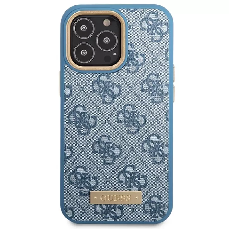 Guess GUHMP14LU4GPRB Funda rígida azul 4G Logo Plate MagSafe para iPhone 14 Pro 6,1