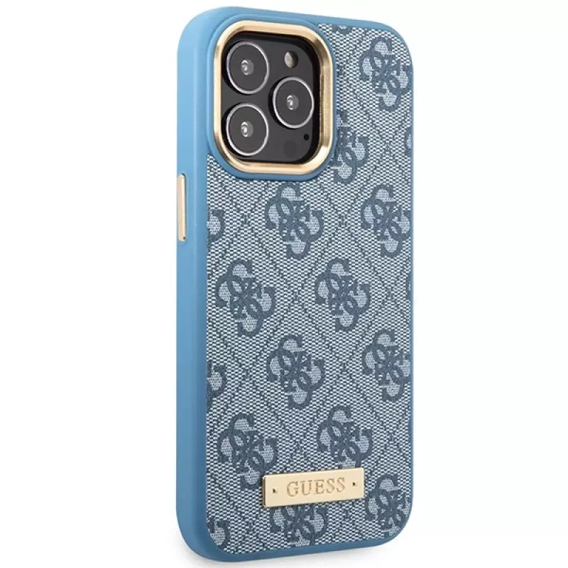Guess GUHMP14LU4GPRB Funda rígida azul 4G Logo Plate MagSafe para iPhone 14 Pro 6,1