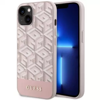 GUESS Funda rígida rosa GCube Stripes MagSafe para iPhone 13/14/15