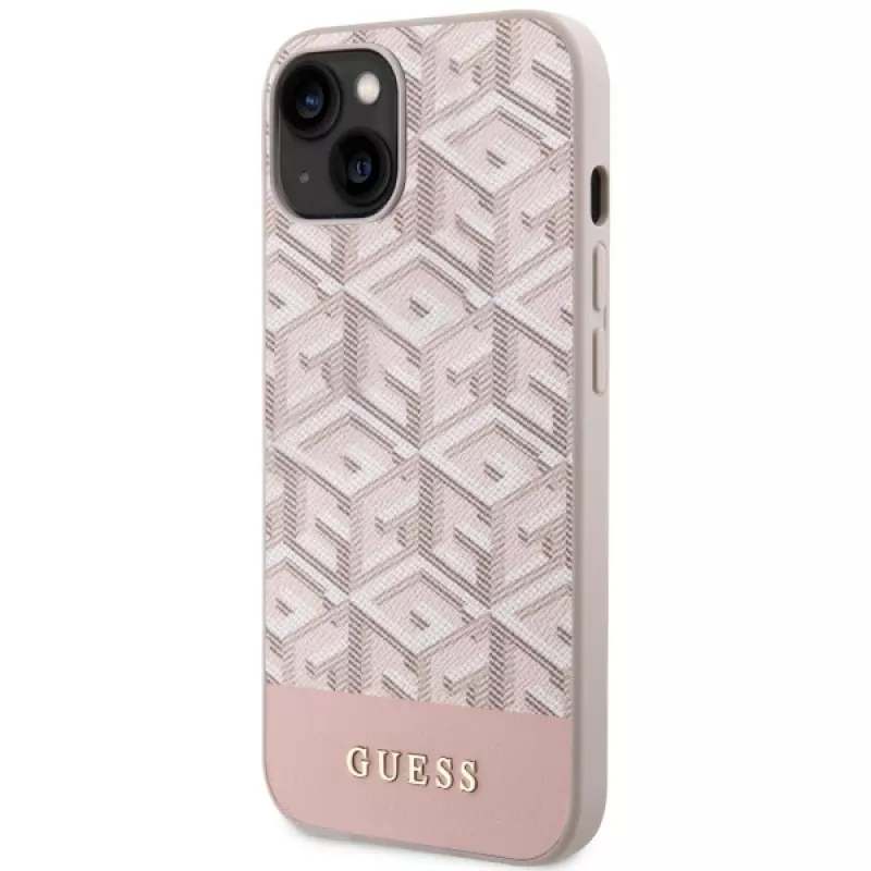 GUESS Funda rígida rosa GCube Stripes MagSafe para iPhone 13/14/15