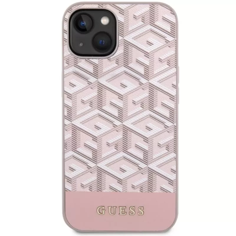 GUESS Funda rígida rosa GCube Stripes MagSafe para iPhone 13/14/15