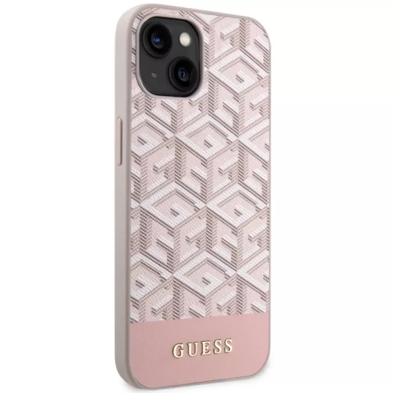 GUESS Funda rígida rosa GCube Stripes MagSafe para iPhone 13/14/15