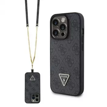 GUESS Funda PU 4G Strass Triangle Metal + correa para iPhone 15 Pro Negra