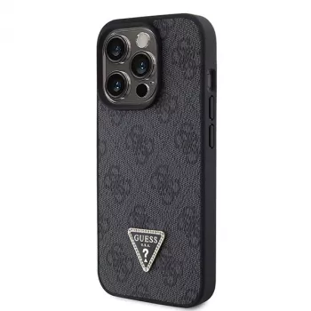 GUESS Funda PU 4G Strass Triangle Metal + correa para iPhone 15 Pro Negra