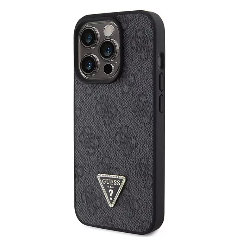 GUESS Funda PU 4G Strass Triangle Metal + correa para iPhone 15 Pro Negra