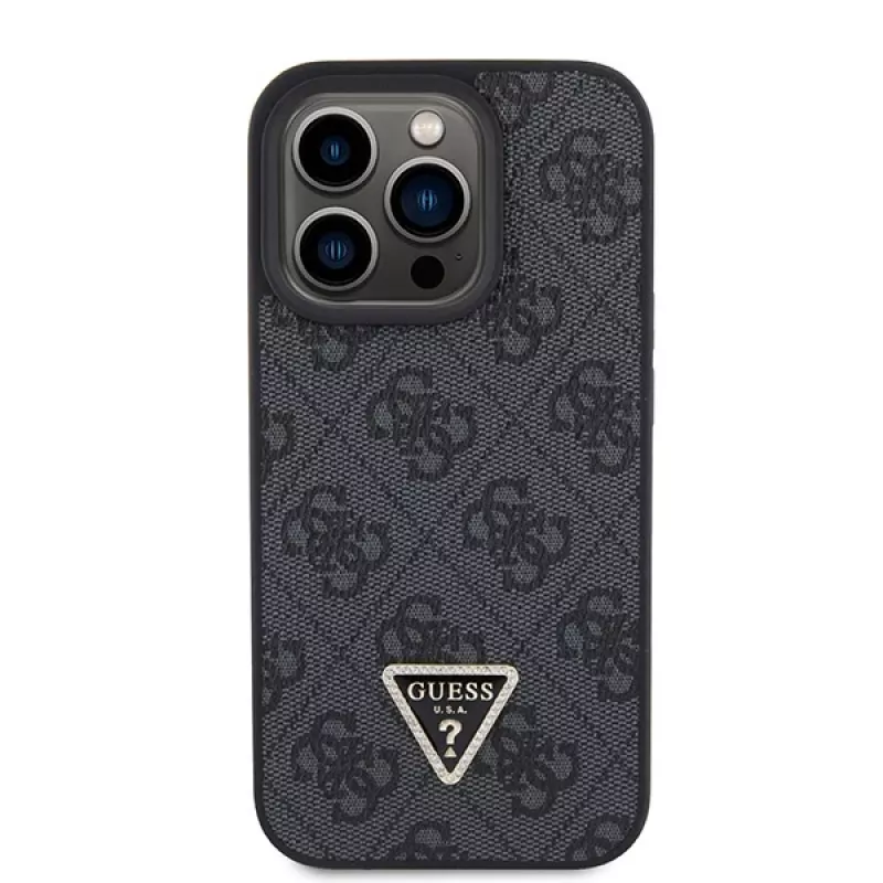 GUESS Funda PU 4G Strass Triangle Metal + correa para iPhone 15 Pro Negra