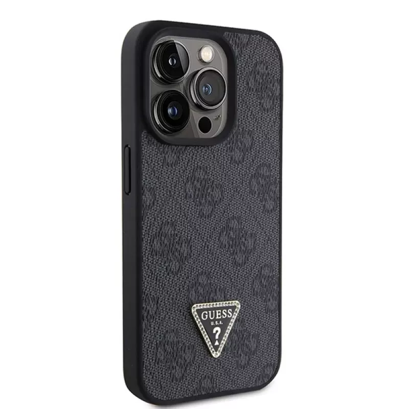 GUESS Funda PU 4G Strass Triangle Metal + correa para iPhone 15 Pro Negra