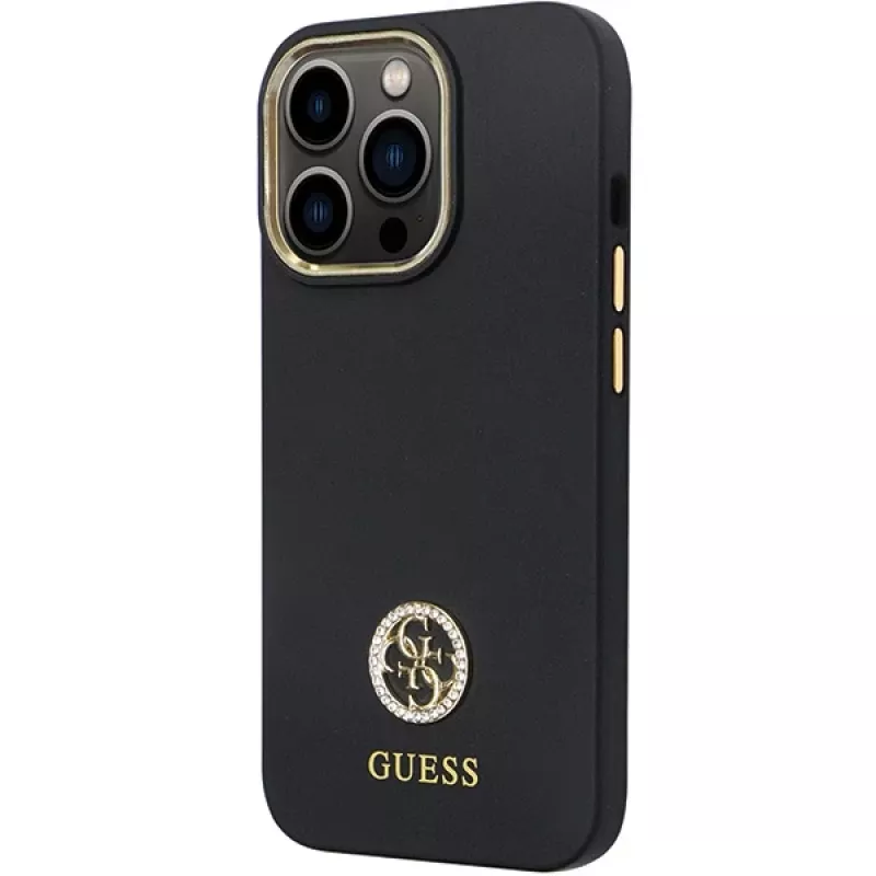 Guess GUHCP13LM4DGPK Funda rígida de silicona para iPhone 13 Pro / 13 Logo Strass 4G Negra
