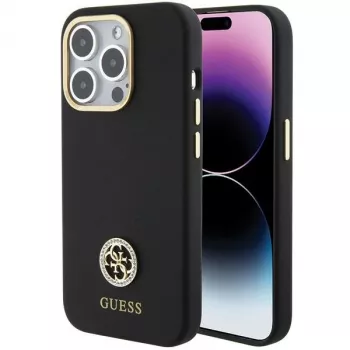 Guess GUHCP15LM4DGPK Funda rígida de silicona para iPhone 15 Pro 6.1 Negra Logo Strass 4G