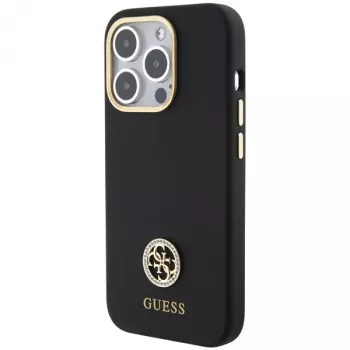Guess GUHCP15LM4DGPK Funda rígida de silicona para iPhone 15 Pro 6.1 Negra Logo Strass 4G