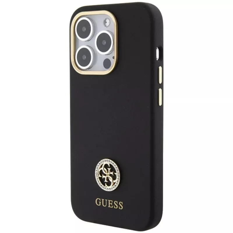 Guess GUHCP15LM4DGPK Funda rígida de silicona para iPhone 15 Pro 6.1 Negra Logo Strass 4G