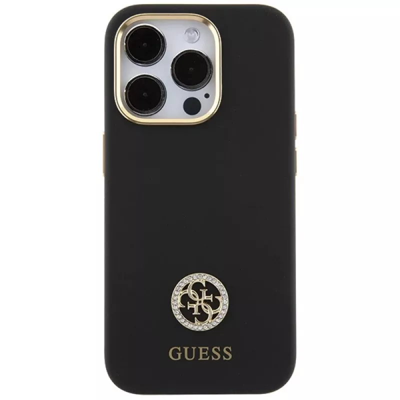 Guess GUHCP15LM4DGPK Funda rígida de silicona para iPhone 15 Pro 6.1 Negra Logo Strass 4G