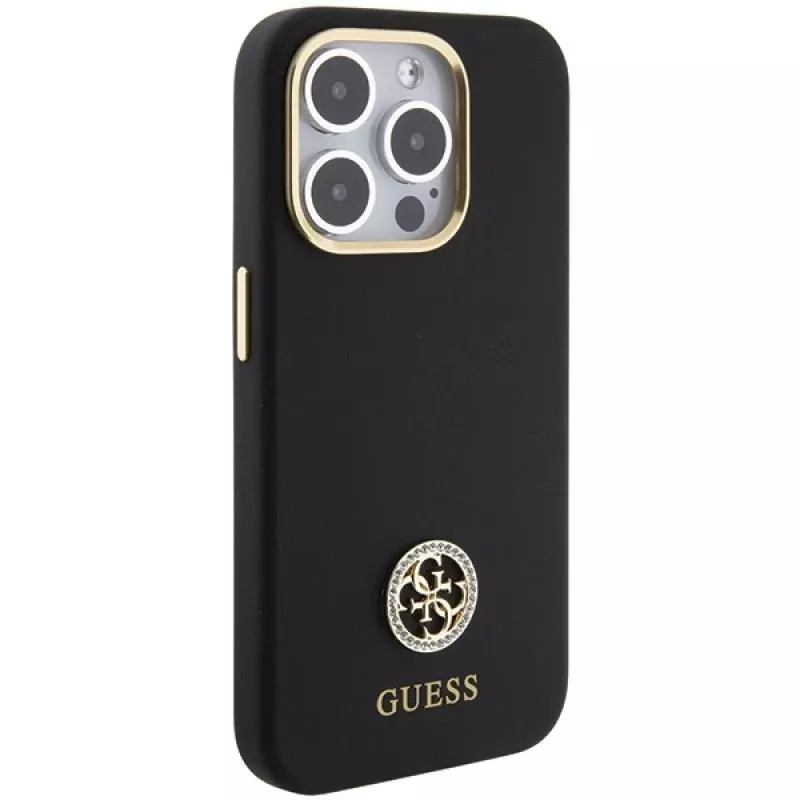 Guess GUHCP15LM4DGPK Funda rígida de silicona para iPhone 15 Pro 6.1 Negra Logo Strass 4G