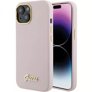 Guess GUHCP15SSMBSLP Funda rígida de silicona Script Metal Logo & Frame para Apple iPhone 15 / 14 / 13 6,1 inch - Rosa