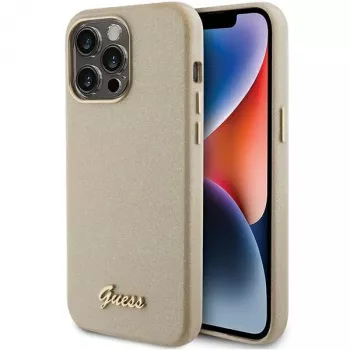 Guess GUHCP15XPGMCSD Funda rígida Glitter Glossy Script para Apple iPhone 15 Pro Max 6,7 inch Light Gold