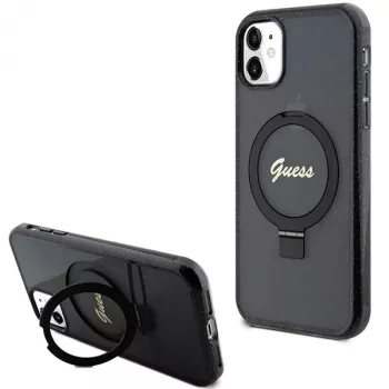 Guess GUHMN61HRSGSK iPhone 11 / XR 6.1 Funda rígida negra Ring Stand Script Glitter MagSafe