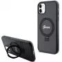 Guess GUHMN61HRSGSK iPhone 11 / XR 6.1 Funda rígida negra Ring Stand Script Glitter MagSafe