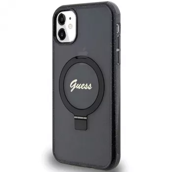 Guess GUHMN61HRSGSK iPhone 11 / XR 6.1 Funda rígida negra Ring Stand Script Glitter MagSafe