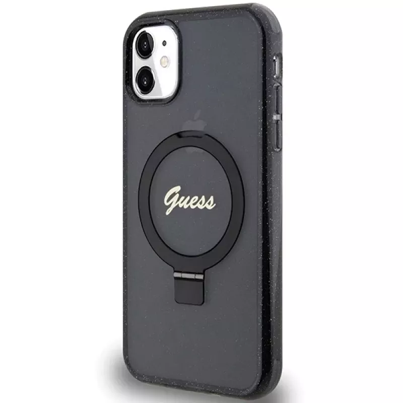 Guess GUHMN61HRSGSK iPhone 11 / XR 6.1 Funda rígida negra Ring Stand Script Glitter MagSafe