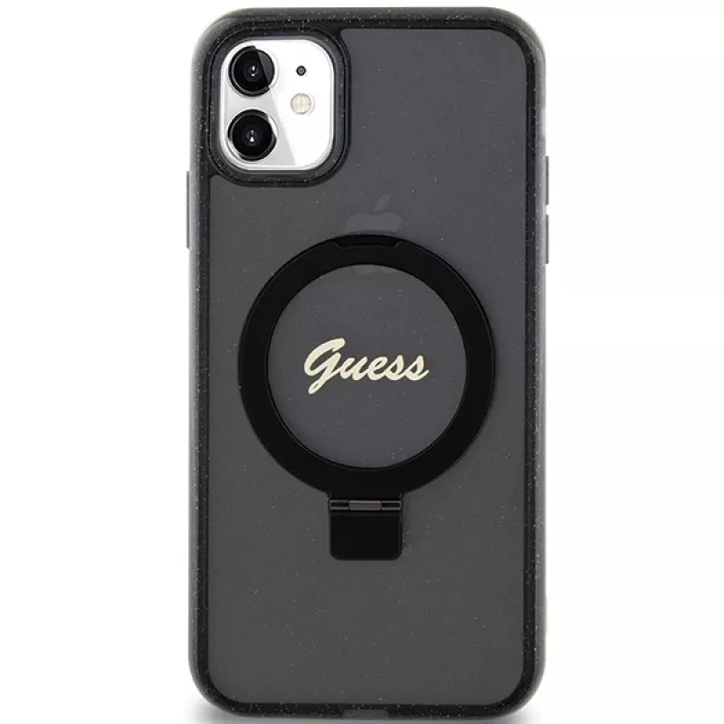 Guess GUHMN61HRSGSK iPhone 11 / XR 6.1 Funda rígida negra Ring Stand Script Glitter MagSafe