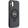 Guess GUHMN61HRSGSK iPhone 11 / XR 6.1 Funda rígida negra Ring Stand Script Glitter MagSafe