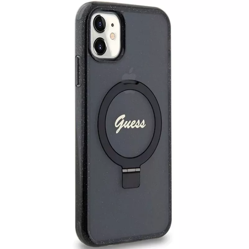 Guess GUHMN61HRSGSK iPhone 11 / XR 6.1 Funda rígida negra Ring Stand Script Glitter MagSafe