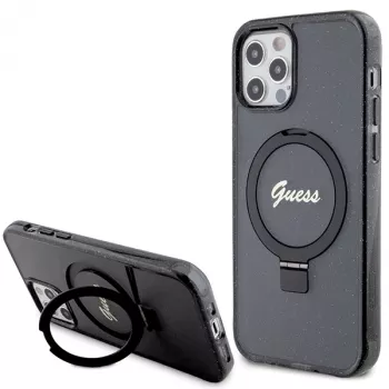 Guess GUHMP12MHRSGSK iPhone 12/12 Pro 6.1 Funda rígida Ring Stand Script Glitter MagSafe Negra