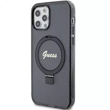 Guess GUHMP12MHRSGSK iPhone 12/12 Pro 6.1 Funda rígida Ring Stand Script Glitter MagSafe Negra