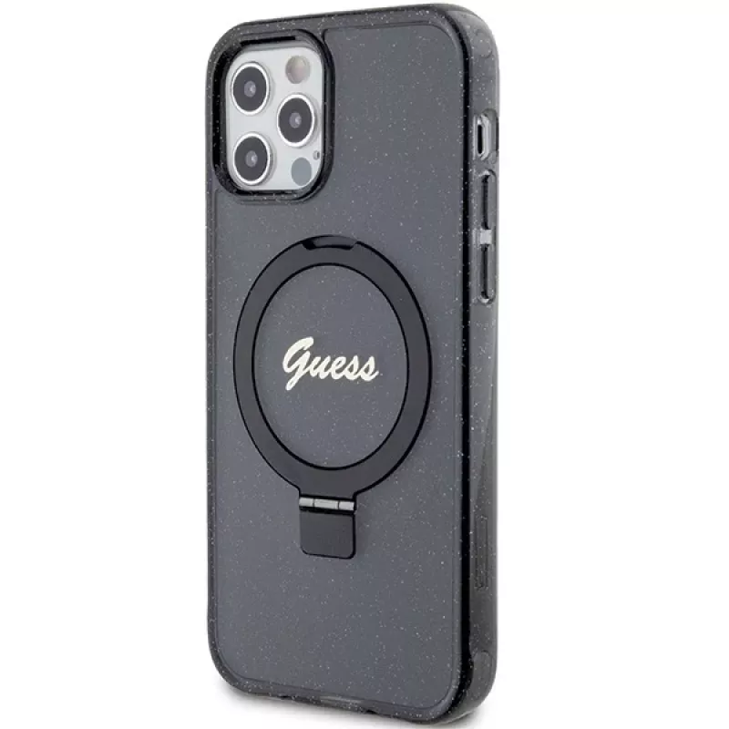 Guess GUHMP12MHRSGSK iPhone 12/12 Pro 6.1 Funda rígida Ring Stand Script Glitter MagSafe Negra