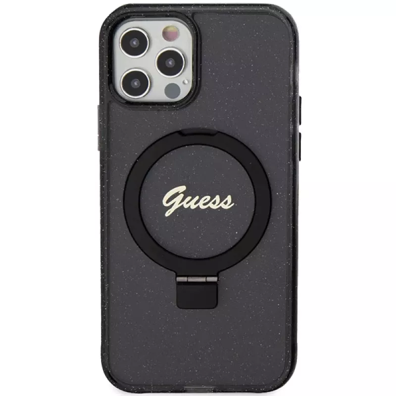 Guess GUHMP12MHRSGSK iPhone 12/12 Pro 6.1 Funda rígida Ring Stand Script Glitter MagSafe Negra