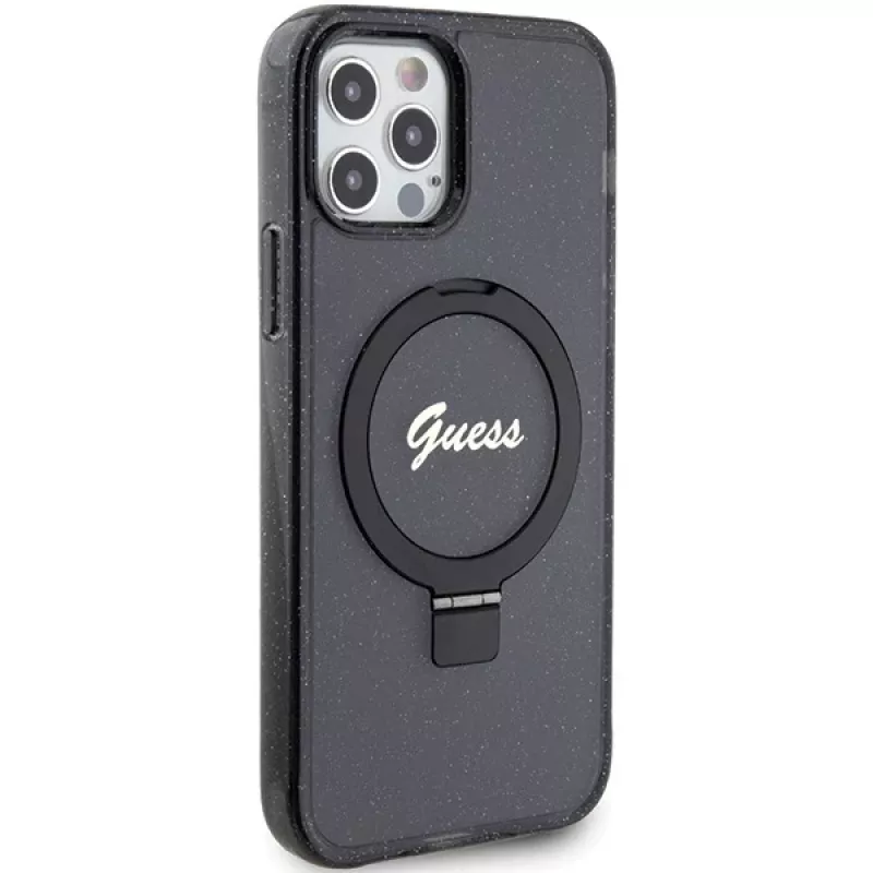 Guess GUHMP12MHRSGSK iPhone 12/12 Pro 6.1 Funda rígida Ring Stand Script Glitter MagSafe Negra