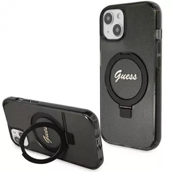 Guess GUHMP13MHRSGSK iPhone 13/14/15 6,1 inch Funda rígida negra con Ring Stand, Script Glitter, MagSafe