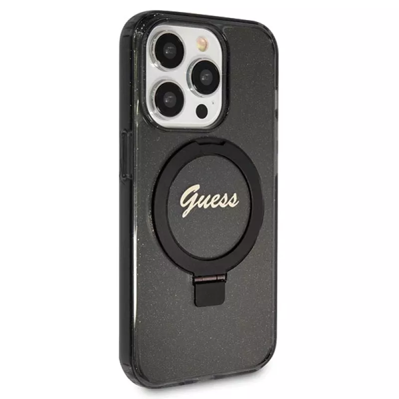 Guess Colección Script Glitter Funda rígida Ring Stand MagSafe para iPhone 13 Pro / 13 6.1 Negra