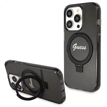 Guess GUHMP13XHRSGSK iPhone 13 Pro Max 6,7 inch Funda rígida negra Ring Stand Script Glitter MagSafe