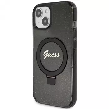 Guess GUHMP14SHRSGSK iPhone 14 / 15 / 13 6,1 inch Funda rígida negra Ring Stand Script Glitter MagSafe