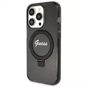 Guess GUHMP14LHRSGSK iPhone 14 Pro 6.1 Funda rígida Ring Stand Script Glitter MagSafe Negra